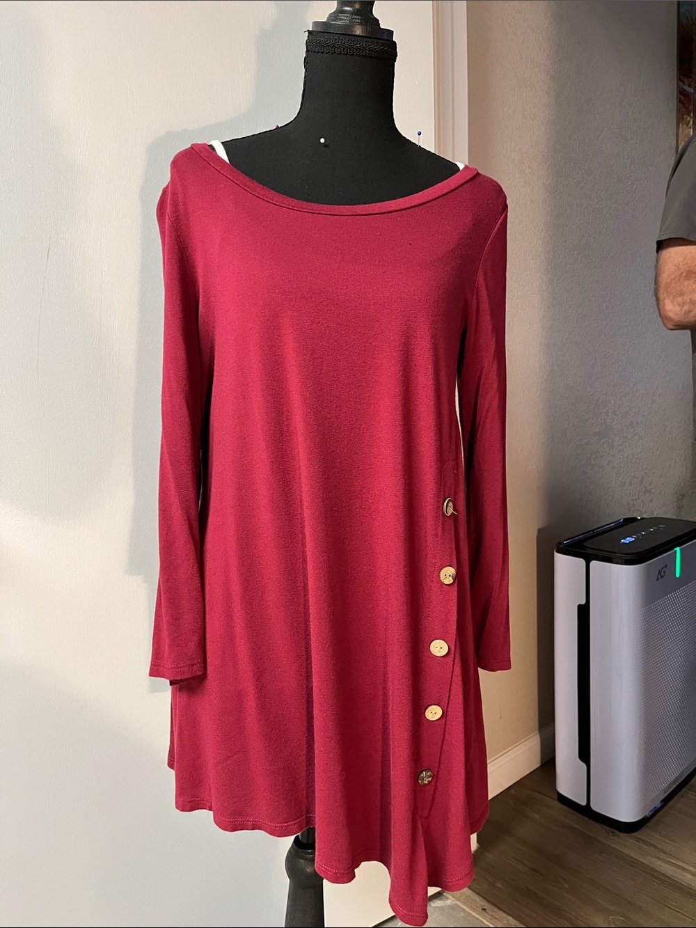Emerald Long-Sleeve Tunic Dress in Wine Red with Side Buttons